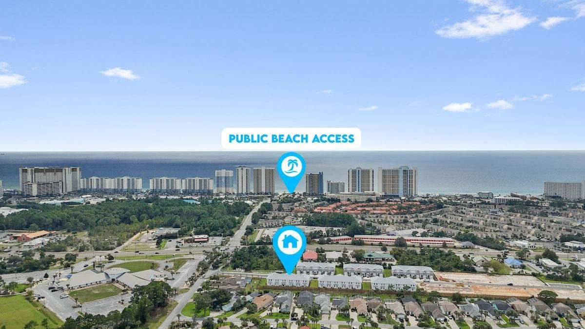 Enjoy pristine white sand beaches of Panama City Beach, Florida, just a short walk from our brand new modern beach townhouse.